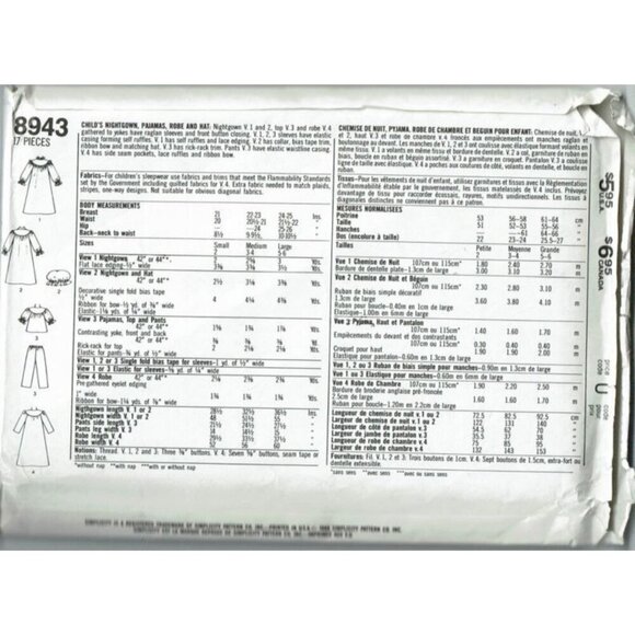 Simplicity Sewing Pattern 8943 Nightgown Pajamas Robe Hat Childs Size 3-4 - Picture 2 of 2